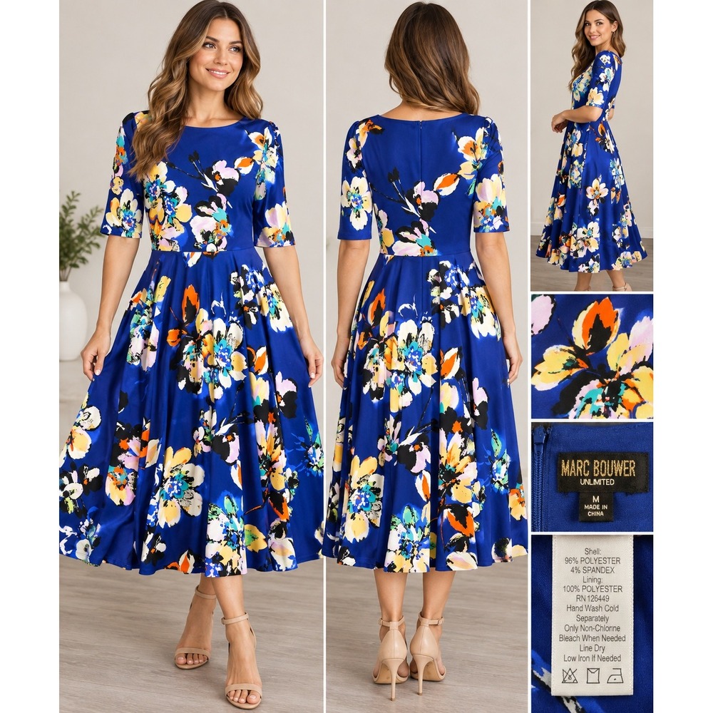 Marc Bouwer Unlimited Blue Floral Fit and Flare Dress Short Sleeve Medium